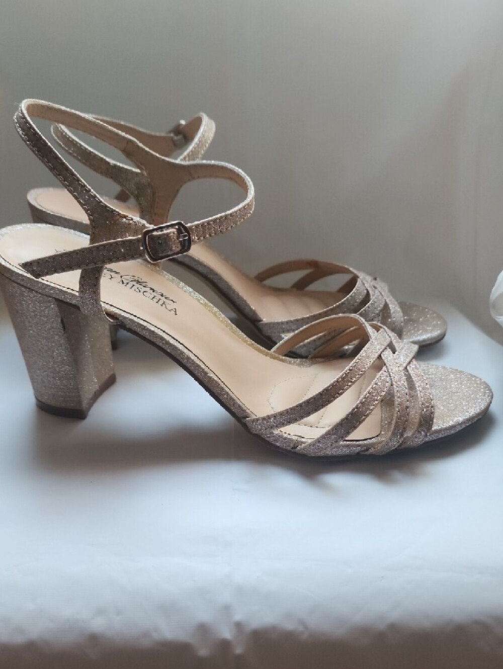 Badgley Mischka Champagne Metallic Strappy Block Heel Sandals - Picture 5 of 5